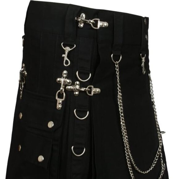 🖤 Men’s Black Utility Kilt w/ Chains & Cargo Pockets — Size 50 (NEW) - Picture 1 of 10